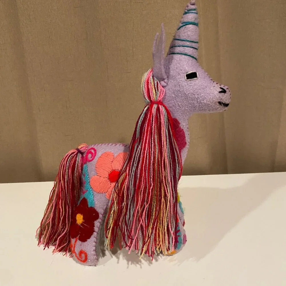 Mexican Felted Folk Art Embroidered Unicorn‎ Plush 11x7 Boho Decor Toy